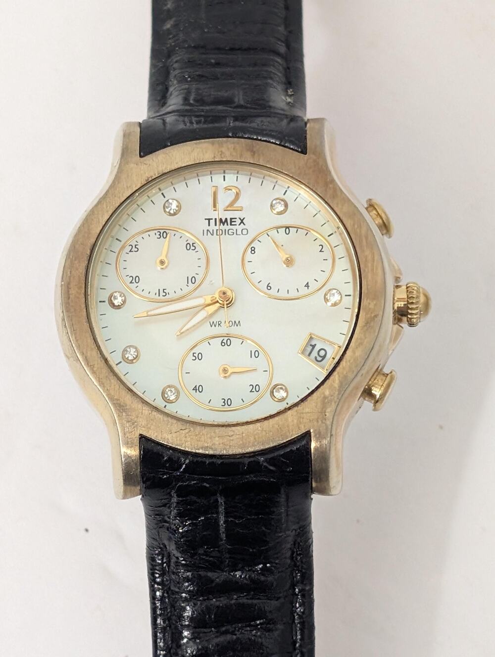 Timex Indiglo Chronograph Watch Gold Tone Rhinestone Black Leather Strap WR 50M